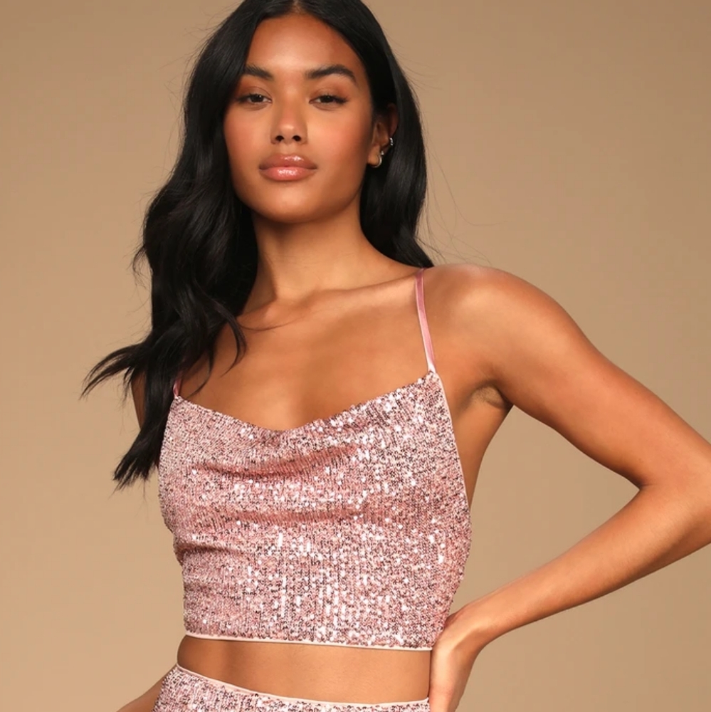 Lulus NEW Get the Glam Sequin Crop Top Light Pink Ties in Back Size XS